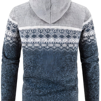 Men's ethnic print knit hoodie with zip, featuring a grey color, long sleeves, and a patterned woolen textile.