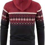 Men's ethnic print knit hoodie with a warm winter design, featuring a zip-up front. The hoodie showcases a mix of tartan and plaid patterns, long sleeves, and a comfortable collar, making it an ideal outerwear choice for cold weather.