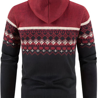 Men's ethnic print knit hoodie with a warm winter design, featuring a zip-up front. The hoodie showcases a mix of tartan and plaid patterns, long sleeves, and a comfortable collar, making it an ideal outerwear choice for cold weather.