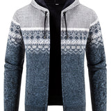 Men's gray ethnic print knit hoodie, warm winter zip cardigan, size 3XL, featuring a collar and long sleeves.