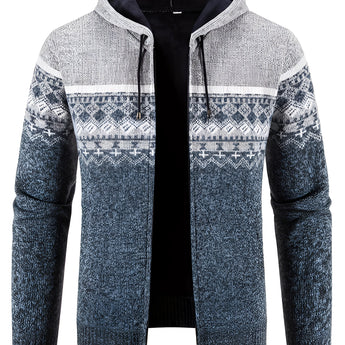 Men's gray ethnic print knit hoodie, warm winter zip cardigan, size 3XL, featuring a collar and long sleeves.