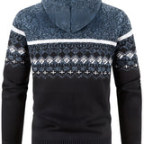 Men's grey ethnic print knit hoodie with full sleeves and zip closure, designed as a warm winter cardigan.