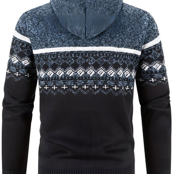 Men's grey ethnic print knit hoodie with full sleeves and zip closure, designed as a warm winter cardigan.