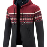 Men's ethnic print knit hoodie featuring a warm winter zip design, showcasing long sleeves and a high collar.