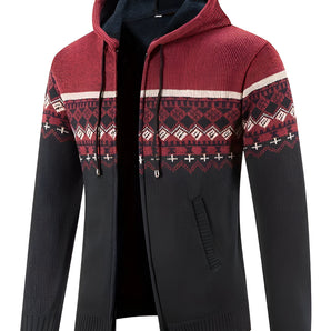 Men's ethnic print knit hoodie featuring a warm winter zip design, showcasing long sleeves and a high collar.