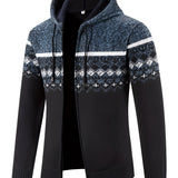 Men's ethnic print knit hoodie with a zip front, featuring long sleeves and a warm winter cardigan design.