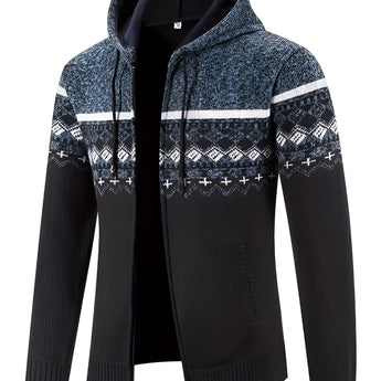 Men's ethnic print knit hoodie with a zip front, featuring long sleeves and a warm winter cardigan design.