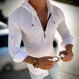 Men's Fashion Slim Fit White Hooded Zip-Up Shirt, casual lightweight design, shown in Weiß1 color and 3XL size, featuring a close-up of the shirt's sleeve and collar details.