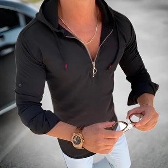 Men's white hooded zip-up shirt, slim fit, lightweight, worn by a model with hands visible, showcasing casual, stylish outerwear.