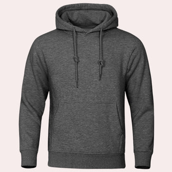 Men's dark gray fleece-lined zip-up hoodie featuring long sleeves and a comfortable, lightweight design for everyday wear.