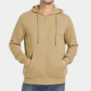 Men's tan zip-up hoodie with fleece lining, featuring long sleeves and a comfortable collar for everyday wear.
