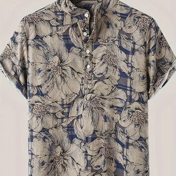 Men's Marine Blue Floral Print Short Sleeve Shirt, Tropical Summer Button-Up, Size XXXL