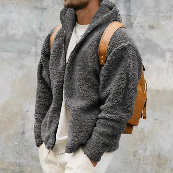 Men's gray fluffy teddy bear jacket in size 3XL, featuring a fleece lining, hoodie, and long sleeves.