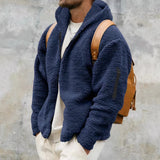 Men's Marine Blue Fluffy Teddy Bear Jacket with Fleece Lining, featuring a hood and 3XL size.