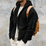 Men's fluffy teddy bear jacket in camel color featuring a cozy fleece lining, displayed with a hood and long sleeves in the size 3XL.