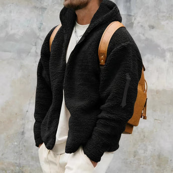 Men's fluffy teddy bear jacket in camel color featuring a cozy fleece lining, displayed with a hood and long sleeves in the size 3XL.