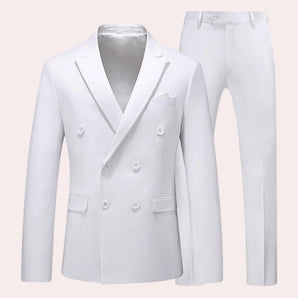 Men's formal white double-breasted tuxedo suit with a sleek design, featuring a classic coat with a collar, long sleeves, and a dress shirt underneath, styled with a coordinating tie.
