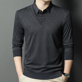Men's gray geometric V-neck polo pullover with a diamond knit pattern, featuring long sleeves and a classic collar, styled for a 2XL fit.
