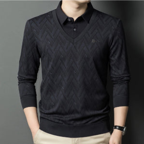 Men's black geometric V-neck polo pullover in a diamond knit pattern, size 2XL, featuring long sleeves and a comfortable fit.