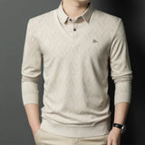 Men's beige geometric V-neck polo pullover with black diamond pattern, featuring long sleeves and a stylish collar, shown in size 2XL.