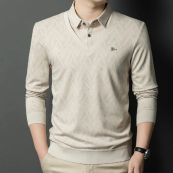Men's beige geometric V-neck polo pullover with black diamond pattern, featuring long sleeves and a stylish collar, shown in size 2XL.