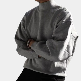 Men's gray casual turtleneck sweater with a pocket, featuring long sleeves and a comfortable cotton-blend fabric.