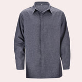 Men's gray long sleeve chambray shirt made of breathable cotton, featuring a classic collar and a comfortable fit suitable for workwear.