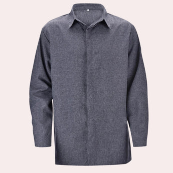 Men's gray long sleeve chambray shirt made of breathable cotton, featuring a classic collar and a comfortable fit suitable for workwear.