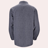 Men's gray chambray long sleeve shirt made of breathable cotton, featuring a classic collar and button-up design suitable for workwear.