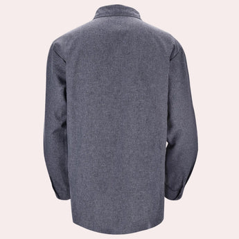 Men's gray chambray long sleeve shirt made of breathable cotton, featuring a classic collar and button-up design suitable for workwear.