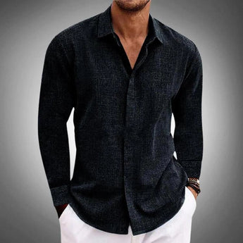 Men's gray chambray long sleeve shirt in black XL size, featuring a breathable cotton material, tartan plaid pattern, and designed for workwear with a dress shirt collar and elbow-length sleeves.