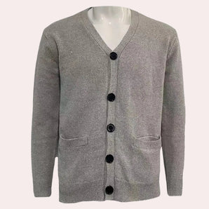 Men's gray wool V-neck cardigan with button-up front, featuring long sleeves and a soft, warm texture, suitable for winter wear.