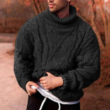Men wearing a green chunky knit wool blend turtleneck sweater in size XL, featuring long sleeves and a thick collar, standing upright with a beard visible.