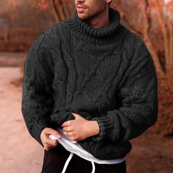 Men wearing a green chunky knit wool blend turtleneck sweater in size XL, featuring long sleeves and a thick collar, standing upright with a beard visible.