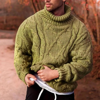 Men's green chunky knit wool blend turtleneck sweater in size XL, featuring long sleeves and a cozy collar with a textured pattern.