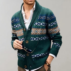 Men's green Fair Isle wool cardigan featuring a winter fashion design, worn over a dress shirt, showcasing its elegant collar, shoulder, and full sleeves.