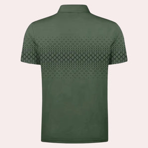 Men's green polo shirt with short sleeves and a classic collar, designed for athletic activities with breathable and moisture-wicking fabric.