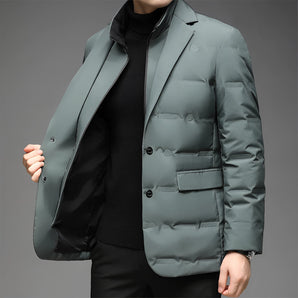 Men's green quilted padded blazer with a lightweight design, featuring a collar, long sleeves, and waist-length fit, suitable for winter wear.