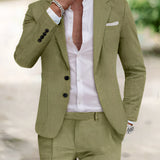 Men's pea green slim fit linen suit with a lightweight blazer, suitable for beach weddings, shown in size 3XL, paired with a white dress shirt and khaki pants.