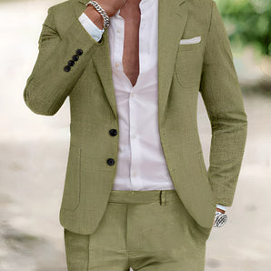 Men's pea green slim fit linen suit with a lightweight blazer, suitable for beach weddings, shown in size 3XL, paired with a white dress shirt and khaki pants.