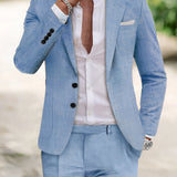 Men's blue slim fit linen suit jacket with grey and white dress shirt underneath, featuring a collared neckline and long sleeves, perfect for a beach wedding.