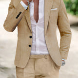 Men's green slim fit linen suit with a beach wedding blazer, shown in a champagne color and size 3XL, featuring a dress shirt with long sleeves and khaki pants, modeled with a gesture highlighting the suit's lightweight and elegant design.