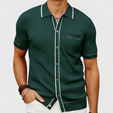 Men's green slim fit ribbed knit polo shirt with short sleeves, featuring a stylish collar and fitted design, ideal for summer wear.