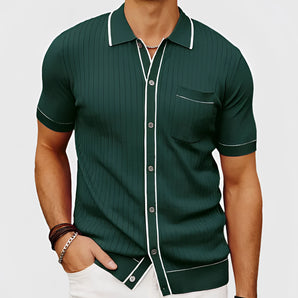 Men's green slim fit ribbed knit polo shirt with short sleeves, featuring a stylish collar and fitted design, ideal for summer wear.