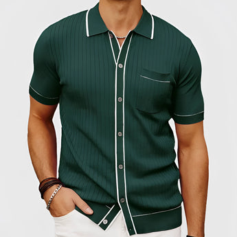 Men's green slim fit ribbed knit polo shirt with short sleeves, featuring a stylish collar and fitted design, ideal for summer wear.