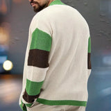 Men's oversized knit cardigan sweater with green and white stripes featuring long sleeves, a comfortable fit, and a classic neckline.