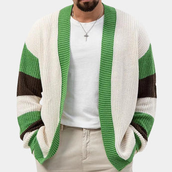 Men's oversized knit cardigan sweater in green and white stripes, featuring long sleeves and a collar, displayed in size XL.