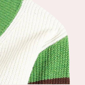 Men's oversized knit cardigan sweater with green and white stripes, featuring long sleeves and a cozy woolen texture.