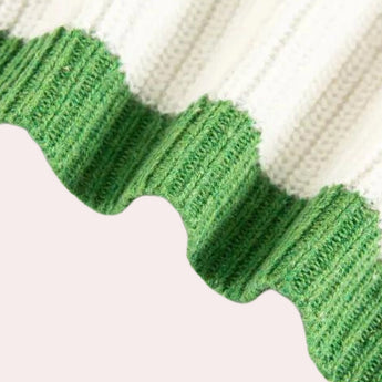 Men's oversized knit cardigan sweater with green and white stripes, featuring long sleeves and a woolen texture.