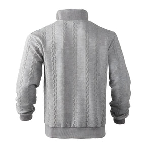 Men's grey cable-knit turtleneck wool sweater featuring a winter pullover design with long sleeves and a textured knit pattern.